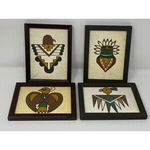 Lot of (4) Jemez Pueblo Native American Indian Sand Art Framed 1960's New Mexico